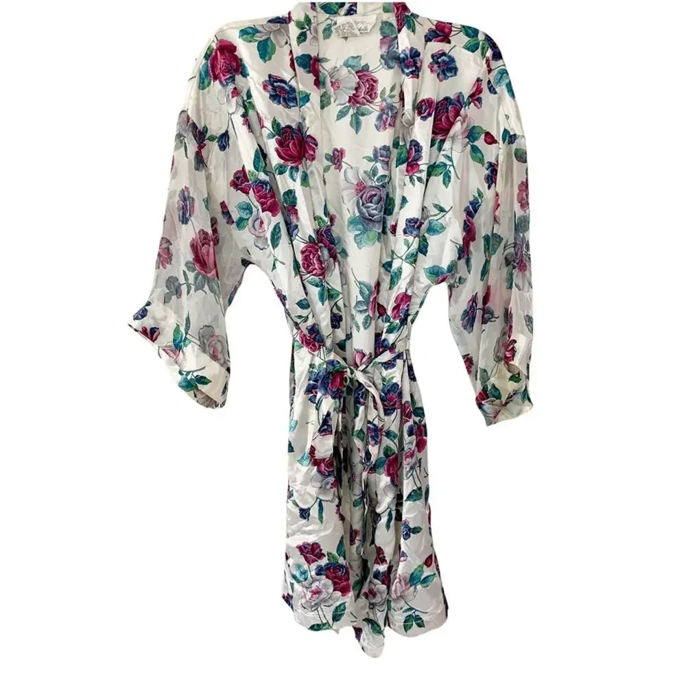Vintage Satin Floral Robe Silky Size Large with Sheer Sleeves